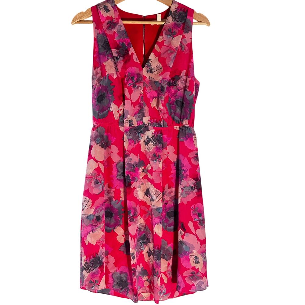 Rebecca Taylor 100% Silk Floral Dress Size 4 Pink Pleated Open Back